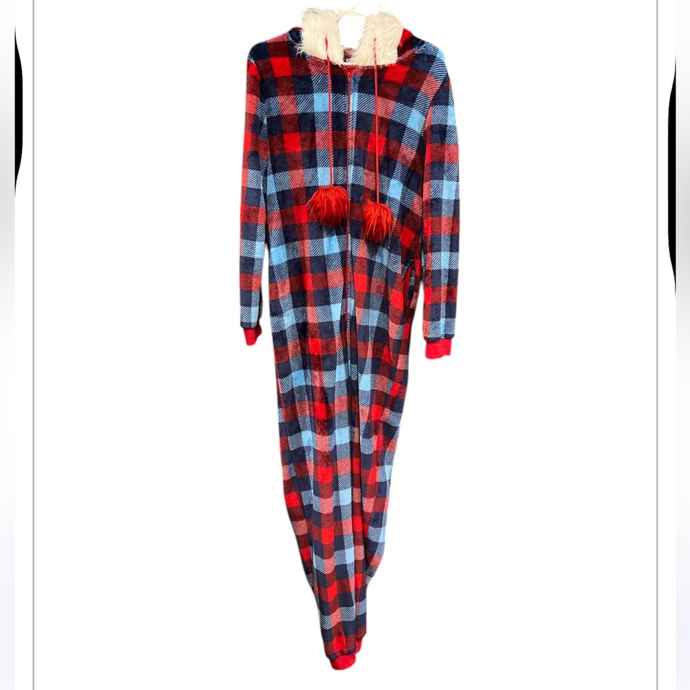 Peace, Love & Fashion XOXO red & blue plaid cozy onesie / size XL